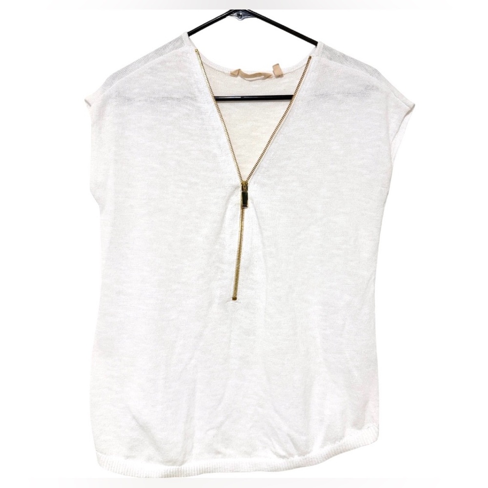 Soft Surroundings White Slub Sweater Gold Zipper Front Size M PTP 20"